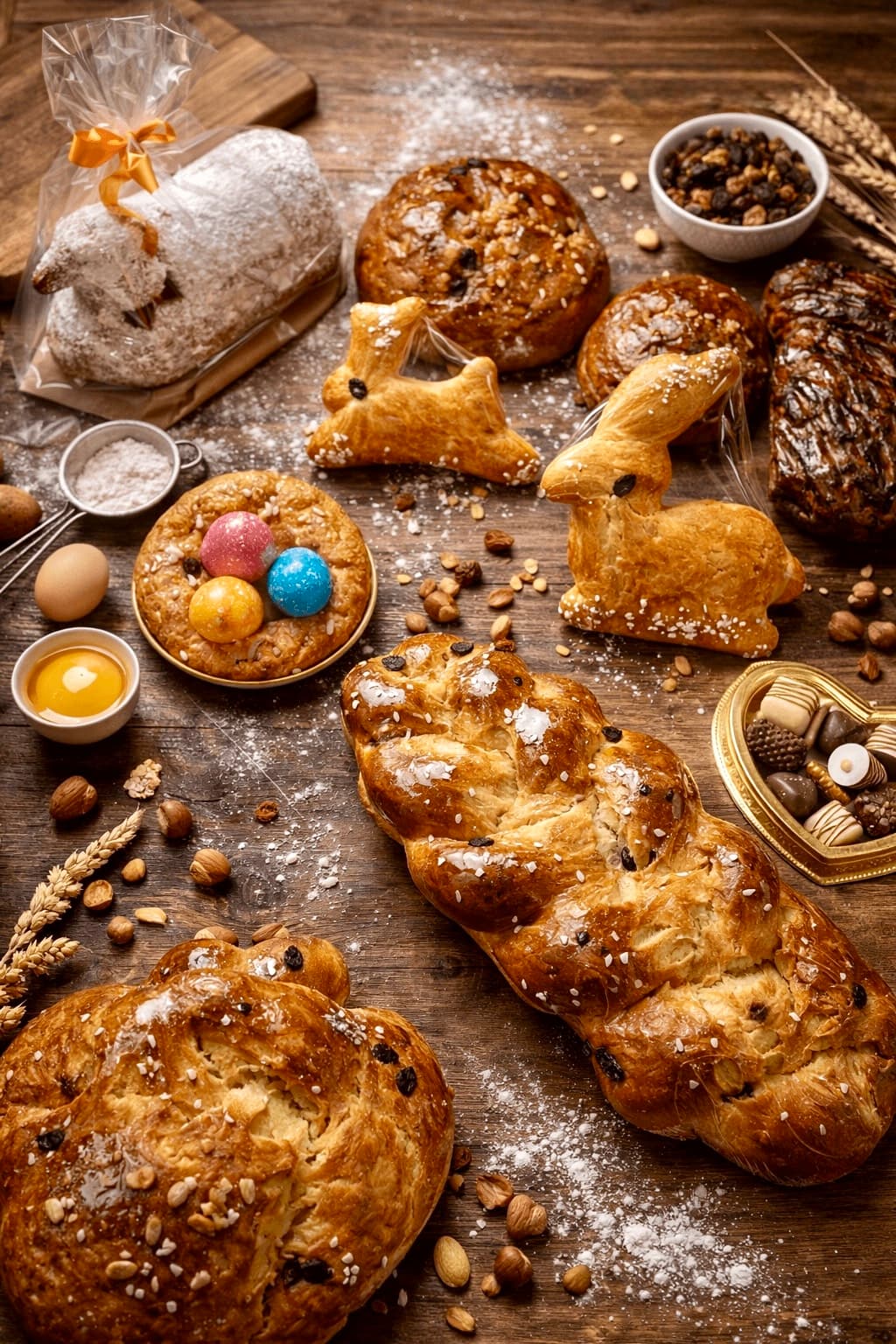 Ostergebäck auf einem Holztisch: Hefezopf, Hasen aus Hefeteig, ein Nest mit bunten Eiern und ein Stollen